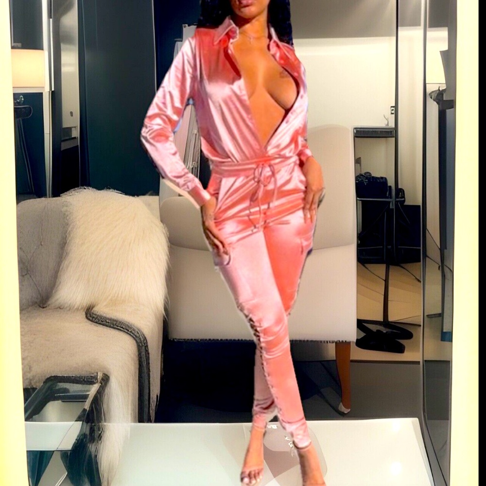 Satin Long Sleeve Button Up Top & Satin Pants W/laced Up Open Sides Sexy Outfit